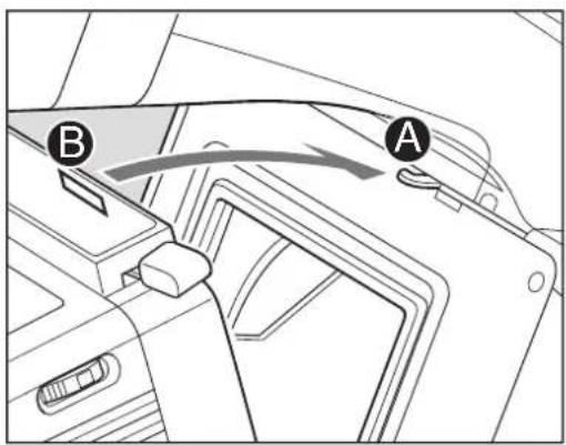 Technical diagram showing a car interior with labeled components A and B, likely illustrating a mechanical or automotive assembly.