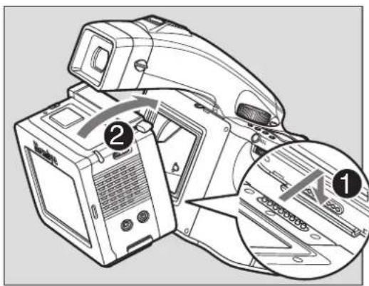 Technical diagram of a digital camera with labeled parts and zoomed-in detail view
