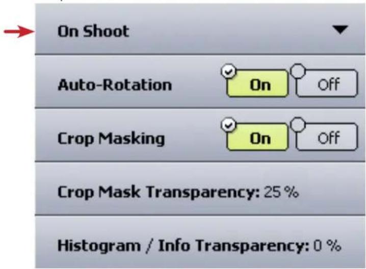 On Shoot Auto-Rotation On Off Crop Masking On Off Crop Mask Transparency: 25 % Histogram / Info Transparency: 0 %