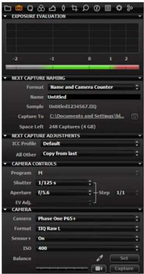 EXPOSURE EVALUATION -2 -1 0 1 2 NEXT CAPTURE NAMING Format Name and Camera Counter Name Untitled Sample Untitled1234567.IIQ Capture To C:\Documents and Settings\hl... Space Left 248 Captures (4 GB) NEXT CAPTURE ADJUSTMENTS ICC Profile Default All Other Copy from last CAMERA CONTROLS Program M Shutter 1/125 s Aperture f/5.6 Step 1/1 EV Adj. CAMERA Camera Phase One P65+ Format IIQ Raw L Sensor+ On ISO 400 Balance Set Capture