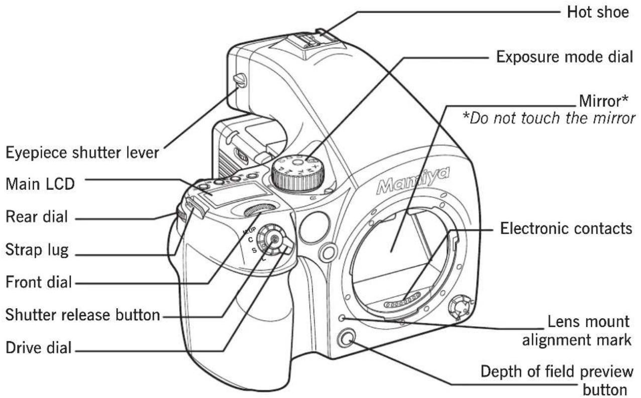 Hot shoe Exposure mode dial Mirror* *Do not touch the mirror Eyepiece shutter lever Main LCD Rear dial Strap lug Front dial Shutter release button Drive dial Electronic contacts Lens mount alignment mark Depth of field preview button