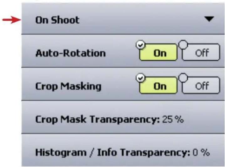 On Shoot Auto-Rotation On Off Crop Masking On Off Crop Mask Transparency: 25 % Histogram / Info Transparency: 0 %