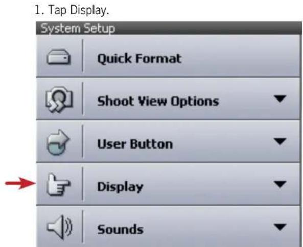 1. Tap Display. System Setup Quick Format Shoot View Options User Button Display Sounds