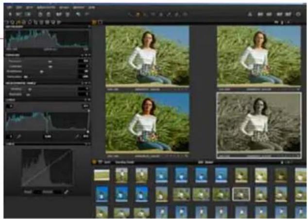 Screenshot of a photo editing software interface displaying a grid of six preview panels with a woman in a white top, surrounded by UI elements like charts and graphs.