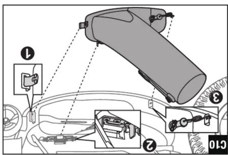 Diagram showing car interior components with numbered parts and labeled parts, likely illustrating a vehicle safety or diagnostic setup.