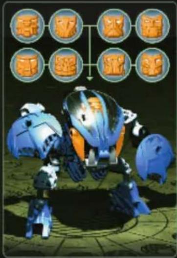 Illustration of a blue armored character with six orange circular icons above it, possibly representing a game or puzzle.