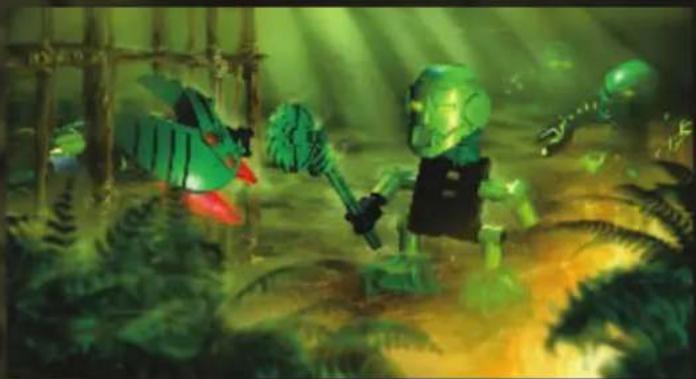 Illustration of a fantasy scene with green armored characters and glowing elements in a forested setting (no text or symbols)