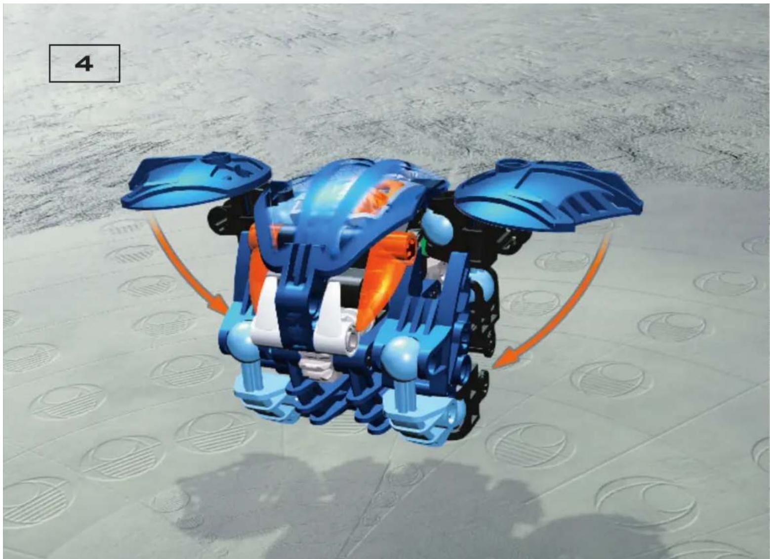 Blue and orange toy robot with wings on a tiled floor, no visible text or symbols