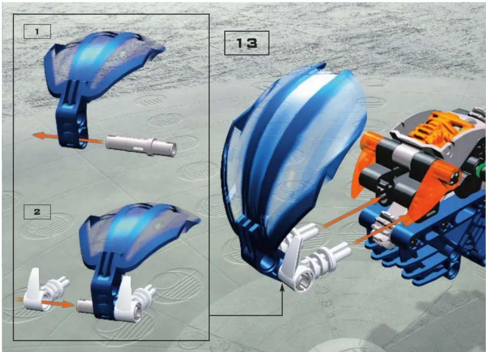 Technical illustration showing a robotic device with labeled parts and motion arrows, including steps 1 and 2.