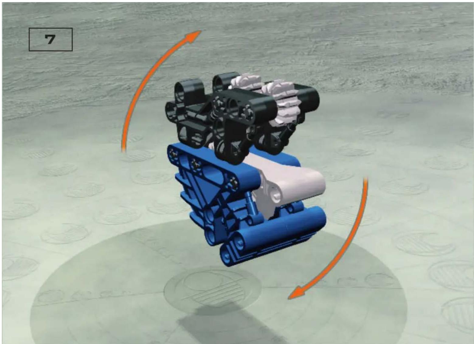 3D rendering of a robotic device with blue and white components, showing motion arrows (no text or symbols)