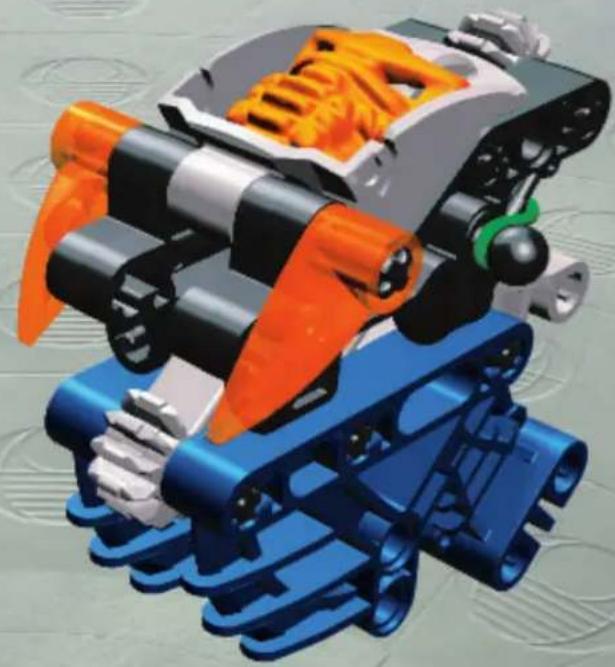 3D mechanical assembly diagram showing orange and blue components with no visible text or symbols