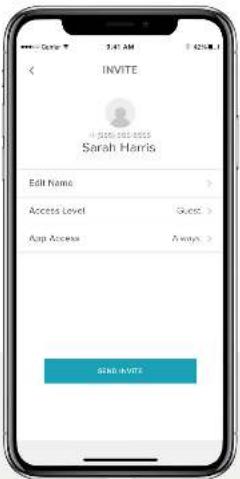 3:41 AM 42% INVITE HUAAN HARRI Sarah Harris Edit Name Access Level Guest > App Access Always > SEND INVITE