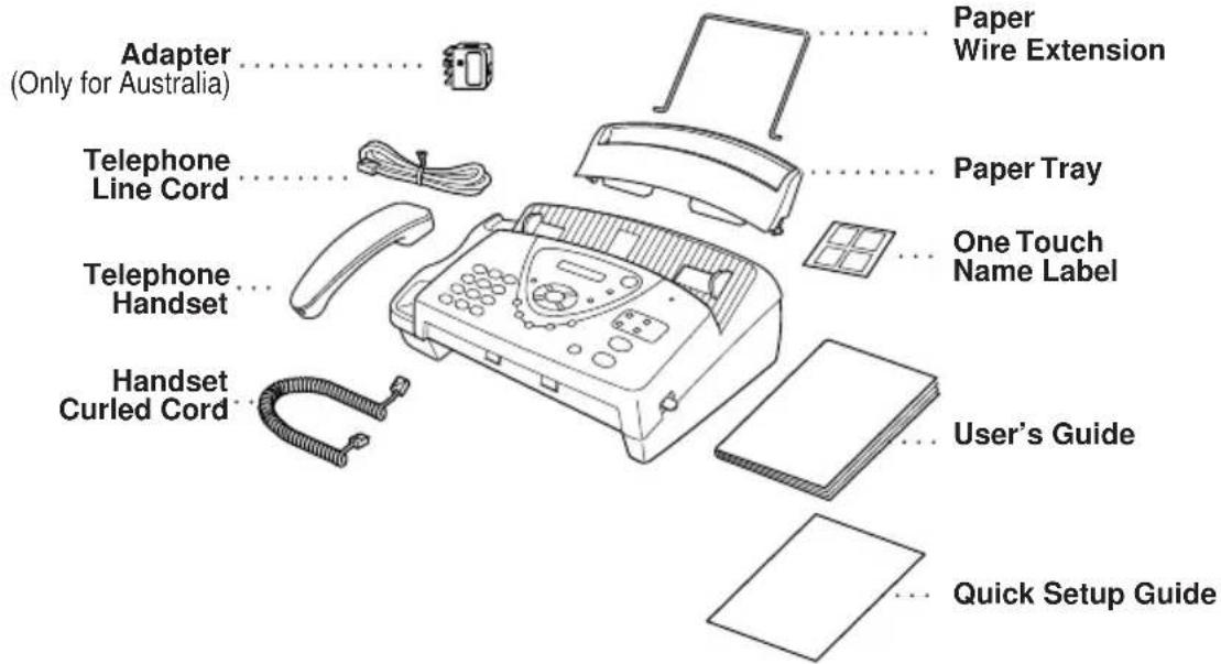 Adapter (Only for Australia) Telephone Line Cord Telephone Handset Handset Curled Cord Paper Wire Extension Paper Tray One Touch Name Label User's Guide Quick Setup Guide