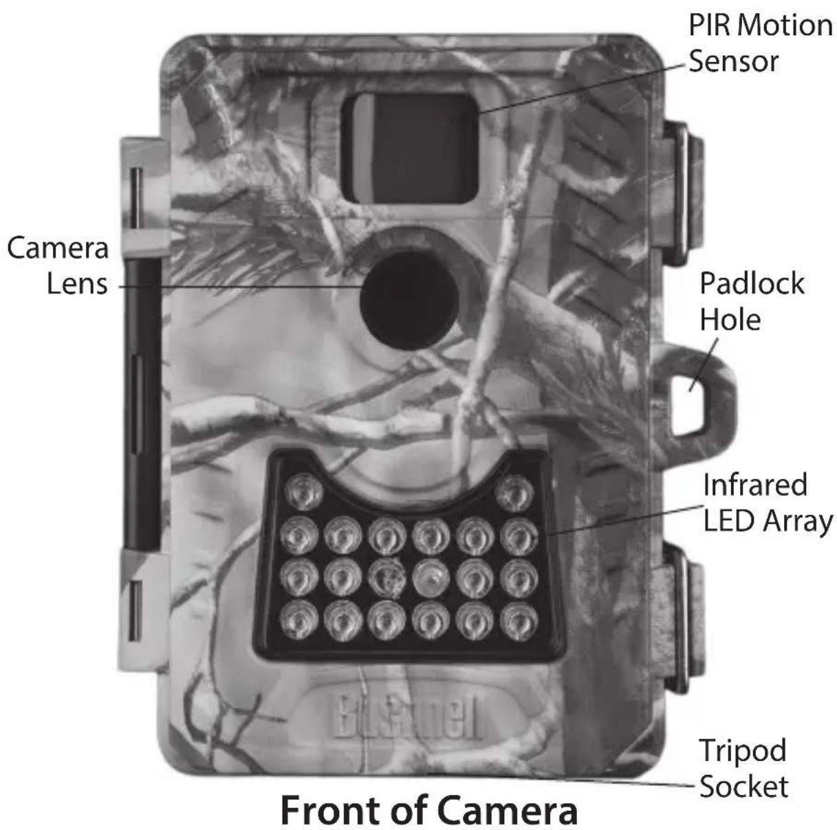 PIR Motion Sensor Camera Lens Padlock Hole Infrared LED Array Tripod Socket Front of Camera