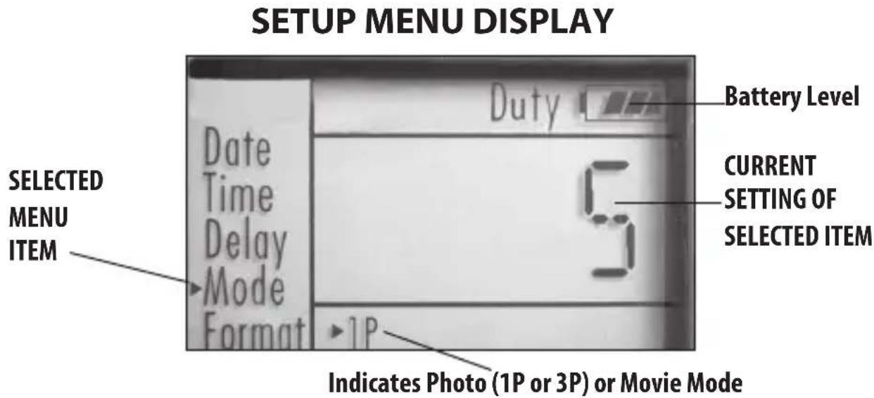 SETUP MENU DISPLAY Battery Level Date Time Delay Mode Format 5 CURRENT SETTING OF SELECTED ITEM SELECTED MENU ITEM 1P Indicates Photo (1P or 3P) or Movie Mode