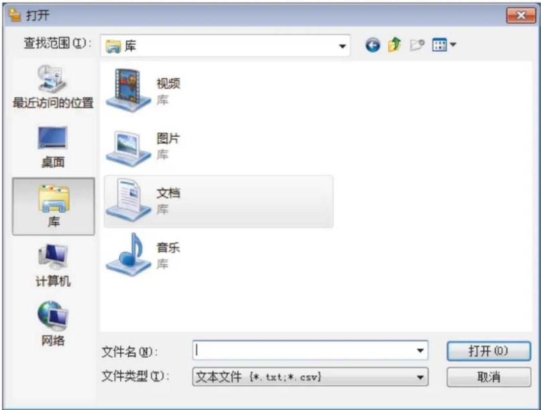 打开 查找范围(I): 库 最近访问的位置 桌面 库 计算机 网络 视频 库 图片 库 文档 库 音乐 库 文件名(N): 文件类型(T): 文本文件 (*.txt;*.csv) 打开(O) 取消