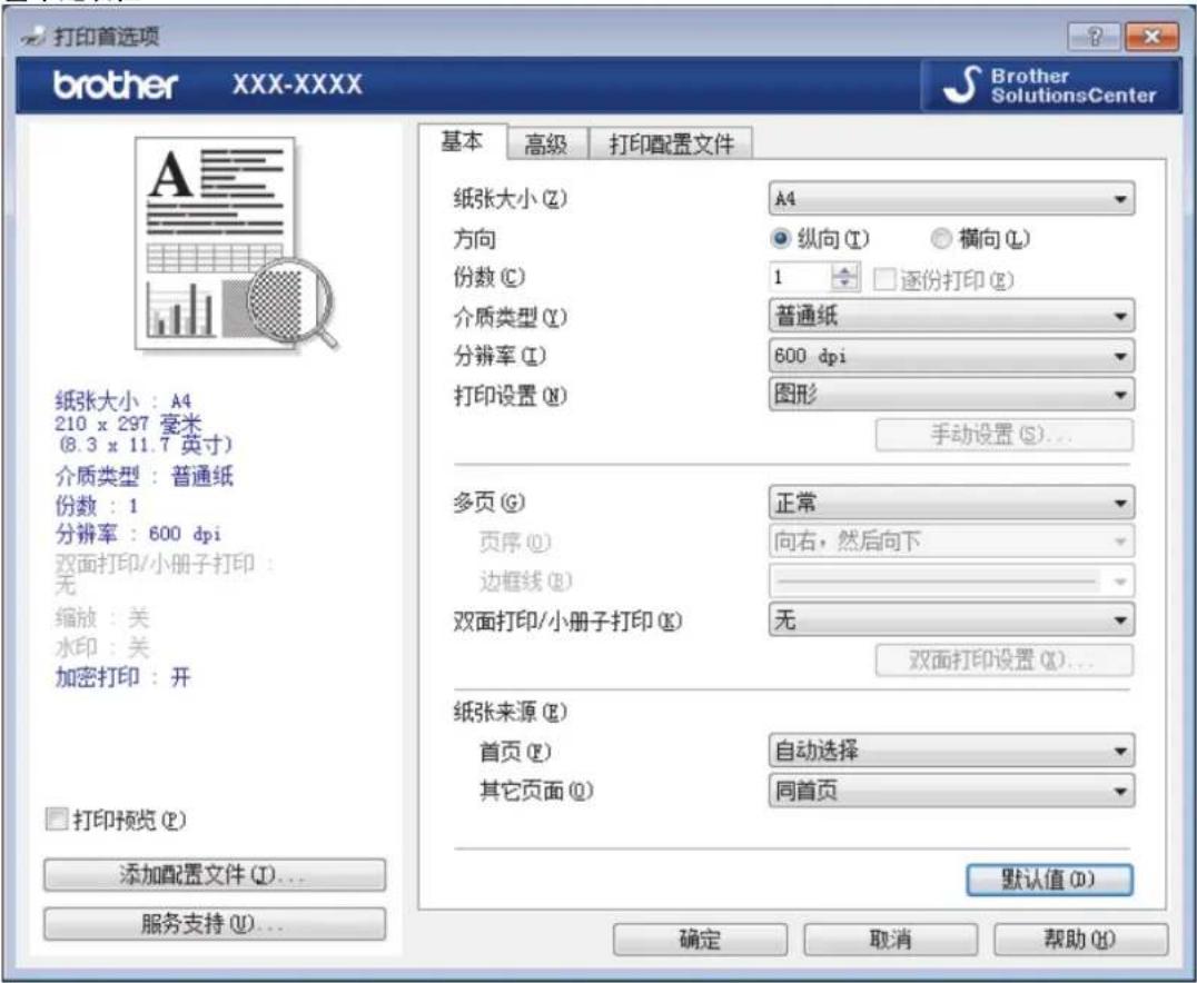 打印首选项 brother XXX-XXXX Brother SolutionsCenter 基本 高级 打印配置文件 纸张大小 (Z) A4 方向 纵向 (I) 横向 (L) 份数 (C) 1 逐份打印 (E) 介质类型 (X) 普通纸 分辨率 (I) 600 dpi 打印设置 (N) 图形 手动设置 (S)... 多页 (G) 正常 页序 (Q) 向右, 然后向下 边框线 (B) —— 双面打印/小册子打印 (K) 无 双面打印设置 (Q)... 纸张来源 (E) 首页 (F) 自动选择 其它页面 (O) 同首页 打印预览 (P) 添加配置文件 (I)... 服务支持 (U)... 默认值 (D) 确定 取消 帮助 (H)