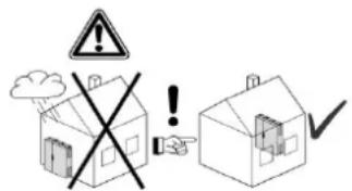 Safety warning symbols and house illustrations, including a cross with no warning sign and checkmark