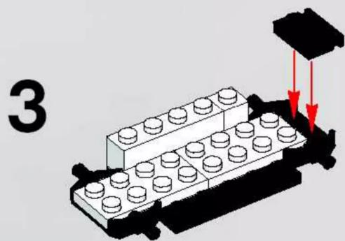 3D diagram of a LEGO base with numbered components and red arrows indicating movement or force (no text or symbols)