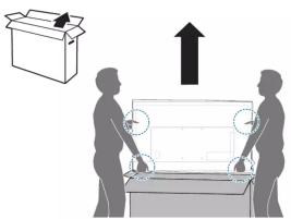 Diagram illustrating a physical setup with a box, two figures, and an upward arrow indicating motion or force.