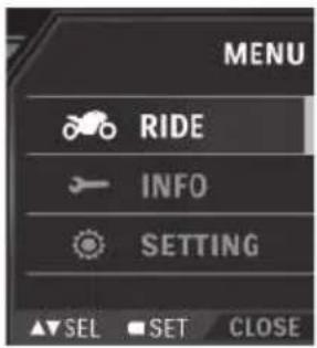 MENU RIDE INFO SETTING ▲▼SEL ■ SET CLOSE