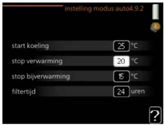 instelling modus auto4.9.2 start koeling 25 °C stop verwarming 20 °C stop bijverwarming 15 °C filtertijd 24 uren