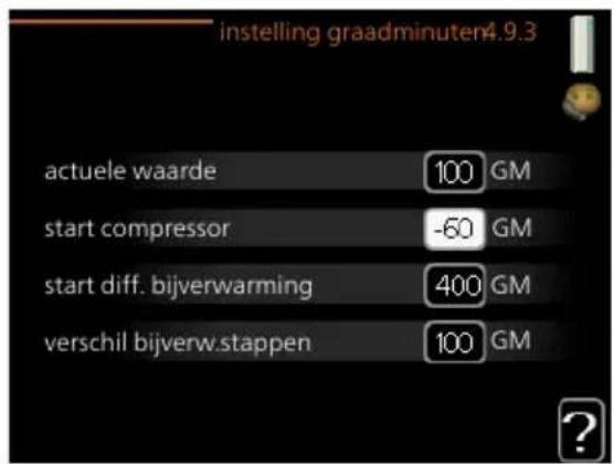 instelling graadminuter4.9.3 actuele waarde 100 GM start compressor -60 GM start diff. bijverwarming 400 GM verschil bijverw.stappen 100 GM