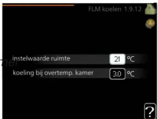 FLM koelen 1.9.12 instelwaarde ruimte 21 °C koeling bij overtemp. kamer 3,0 °C