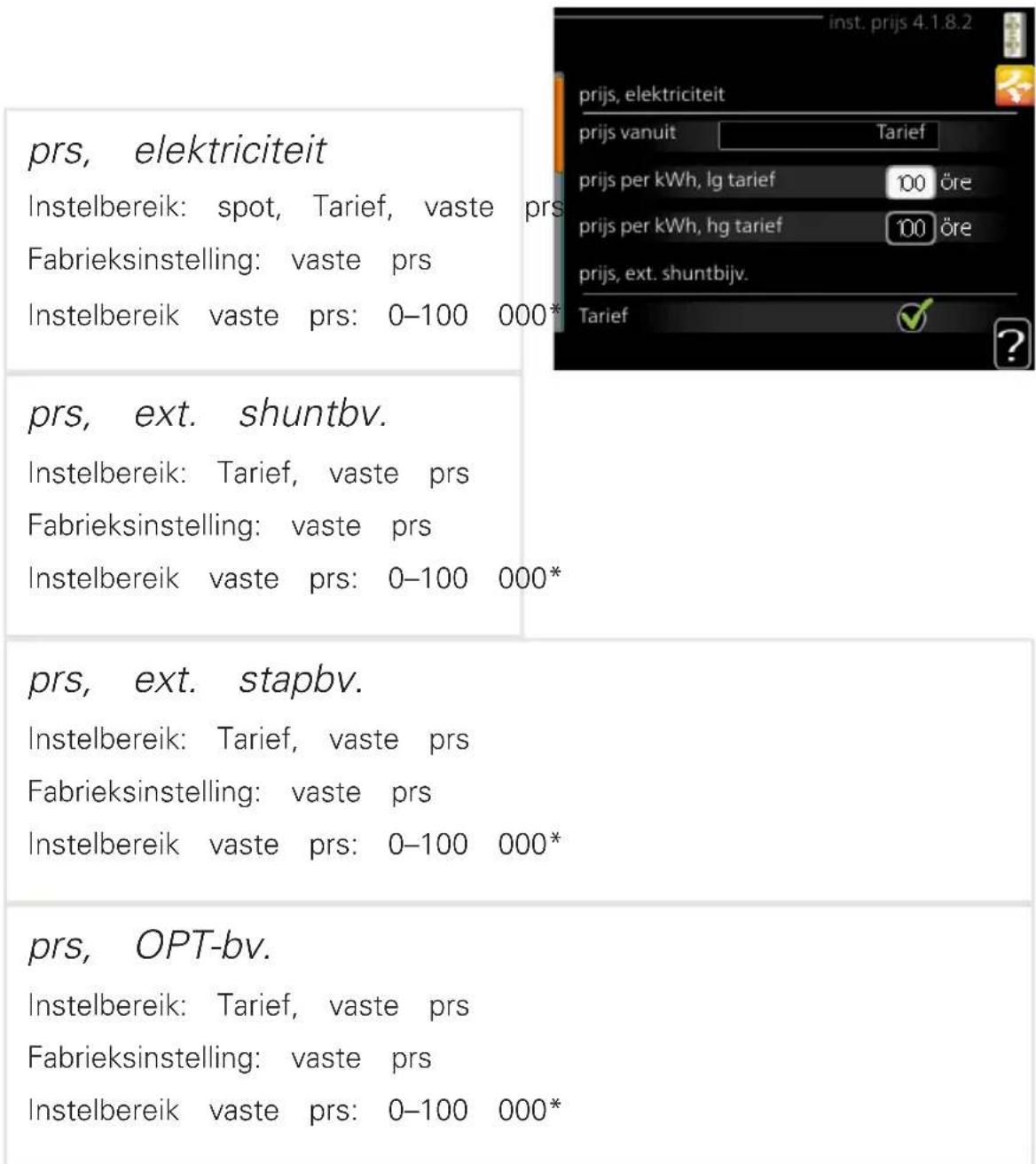 prs, elektriciteit Instelbereik: spot, Tarief, vaste prs Fabrieksinstelling: vaste prs Instelbereik vaste prs: 0–100 000* prs, ext. shuntbv. Instelbereik: Tarief, vaste prs Fabrieksinstelling: vaste prs Instelbereik vaste prs: 0–100 000* prs, ext. stapbv. Instelbereik: Tarief, vaste prs Fabrieksinst…