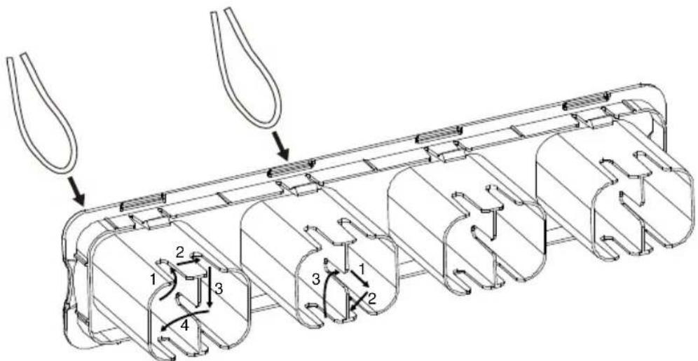Technical diagram of a mechanical assembly with numbered components and directional arrows indicating assembly steps.
