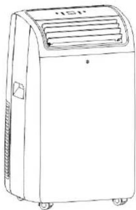 Line drawing of a portable air conditioner unit with ventilation slots and wheels (no text or symbols)
