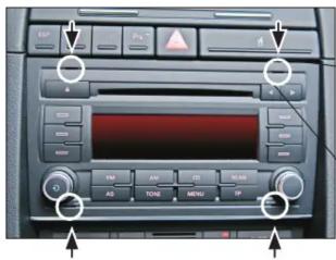 Car infotainment panel with labeled buttons and status indicators