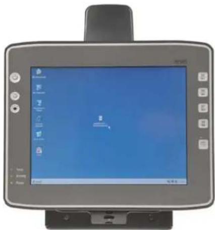 Front view of a desktop computer monitor displaying a blue screen with icons and a progress bar, likely an app interface.
