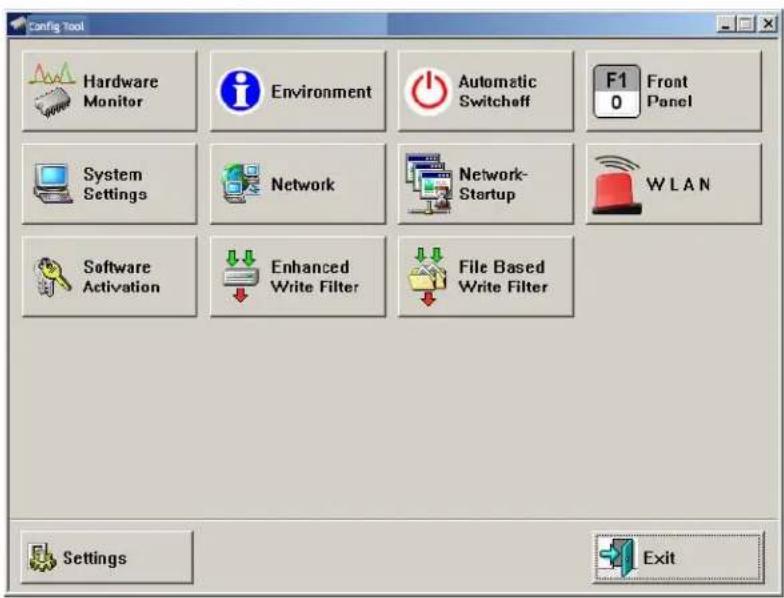 Config Tool Hardware Monitor Environment Automatic Switcheff F1 0 Front Panel System Settings Network Network- Startup W LAN Software Activation Enhanced Write Filter File Based Write Filter Settings Exit