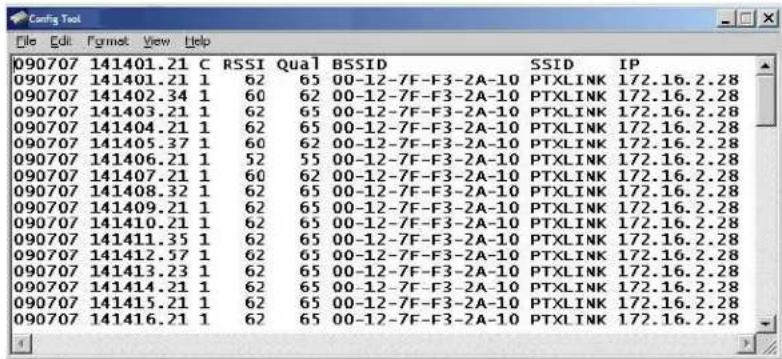 090707 141401.21 C RSSI Qual BSSID SSID IP 090707 141401.21 1 62 65 00-12-7F-F3-2A-10 PTXLINK 172.16.2.28 090707 141402.34 1 60 62 00-12-7F-F3-2A-10 PTXLINK 172.16.2.28 090707 141403.21 1 62 65 00-12-7F-F3-2A-10 PTXLINK 172.16.2.28 090707 141404.21 1 62 65 00-12-7F-F3-2A-10 PTXLINK 172.16.2.28 090707 141405.37 1 60 62 00-12-7F-F3-2A-10 PTXLINK 172.16.2.28 090707 141406.21 1 52 55 00-12-7F-F3-2A-10 PTXLINK 172.16.2.28 090707 141407.21 1 60 62 00-12-7F-F3-2A-10 PTXLINK 172.16.2.28 090707 141408.32 1 62 65 00-12-7F-F3-2A-10 PTXLINK 172.16.2.28 090707 141409.21 1 62 65 00-12-7F-F3-2A-10 PTXLINK 172.16.2.28 090707 141410.21 1 62 65 00-12-7F-F3-2A-10 PTXLINK 172.16.2.28 090707 141411.35 1 62 65 00-12-7F-F3-2A-10 PTXLINK 172.16.2.28 090707 141412.57 1 62 65 00-12-7F-F3-2A-10 PTXLINK 172.16.2.28 090707 141413.23 1 62 65 00-12-7F-F3-2A-10 PTXLINK 172.16.2.28 090707 141414.21 1 62 65 00-12-7F-F3-2A-10 PTXLINK 172.16.2.28 090707 141415.21 1 62 65 00-12-7F-F3-2A-10 PTXLINK 172.16.2.28 090707 141416.21 1 62 65 00-12-7F-F3-2A-10 PTXLINK 172.16.2.28