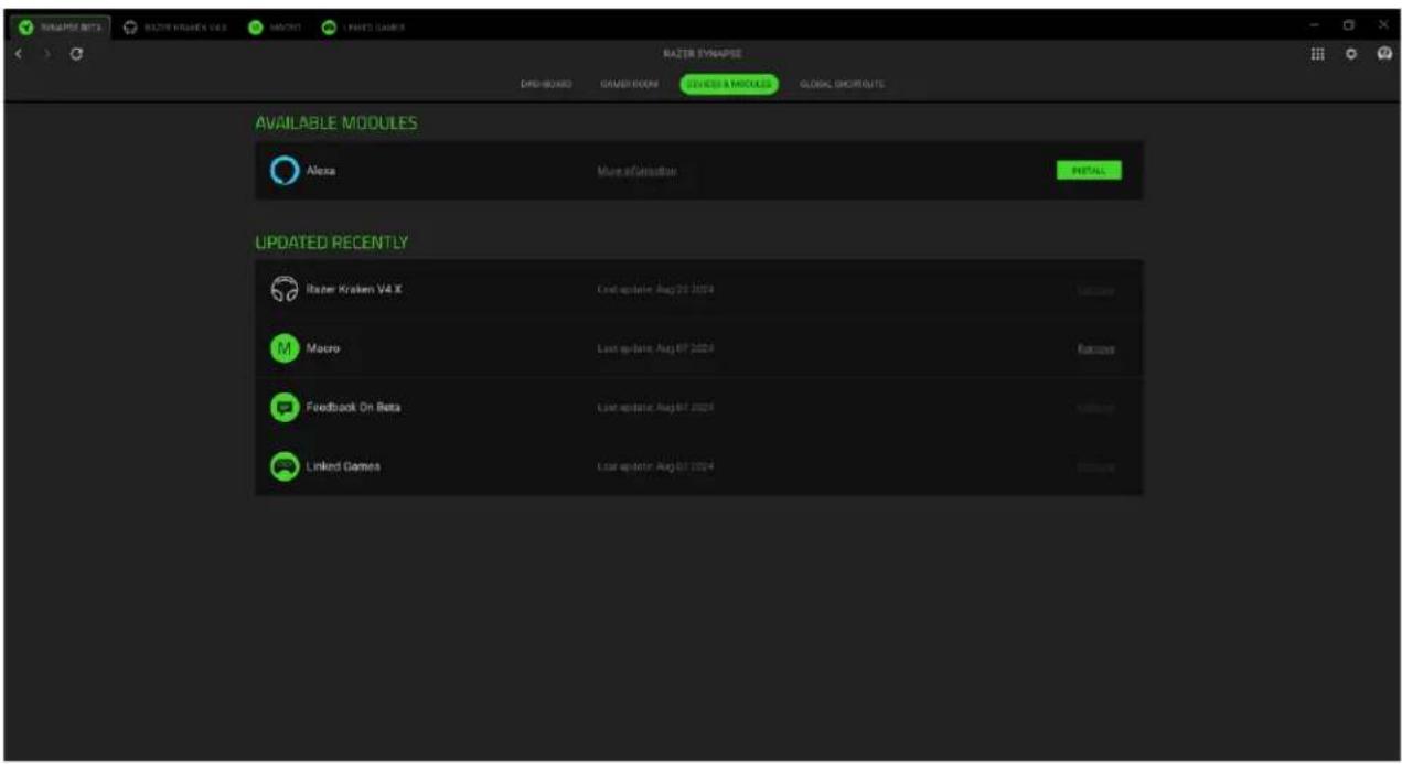 RAZTER SYNAPSE DASHBOARD GAMESROOM GREEN MANUALS GLOBAL DIPRIGHS AVAILABLE MODULES Alexa More information INITIAL UPDATED RECENTLY Razer Kraken V4 X Cod update Aug 23 2024 Macro Lost update Aug 07 2024 Feedback On Beta Lost update Aug 07 2024 Linked Games Lost update Aug 07 2024