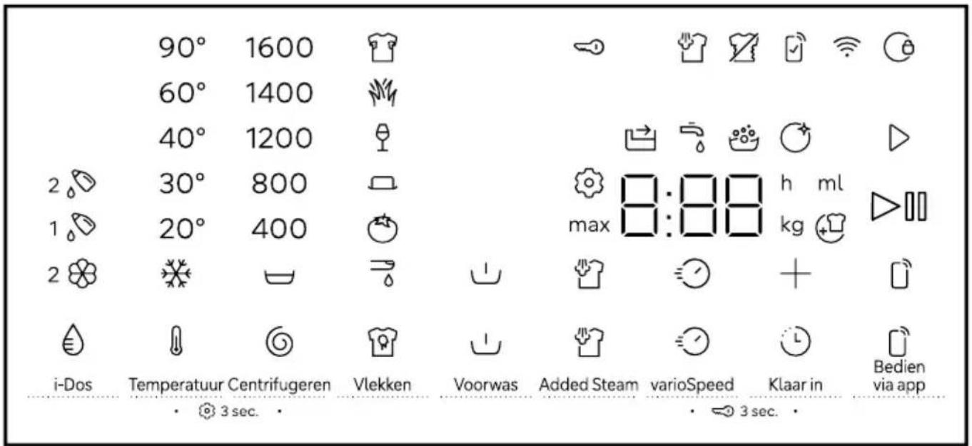 90° 1600 60° 1400 40° 1200 2 30° 800 1 20° 400 2 i-Dos Temperatuur Centrifugeren Vlekken Voorwas Added Steam varioSpeed Klaar in Bedien via app • 3 sec. • • 3 sec. •