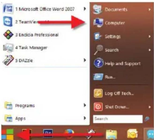 1 Microsoft Office Word 2007 2 TeamView 3 Endicia Professional 4 Task Manager 5 DAZZIE Programs Apps Documents Computer Settings Search Help and Support Run... Log Off Tech... Shot Down... Search