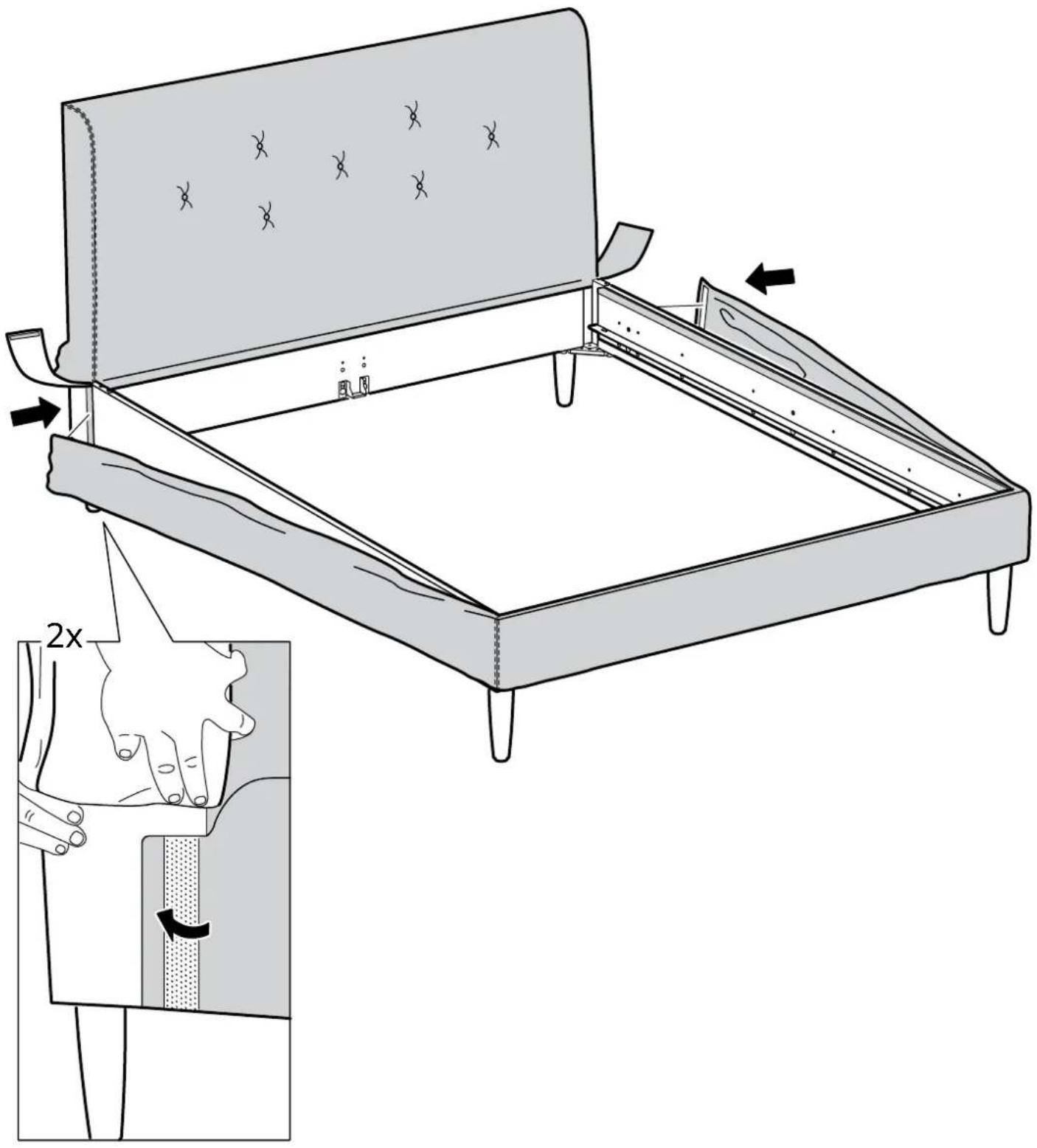 Technical diagram illustrating a folding or positioning process with labeled parts and directional arrows, including a 2x ratio indicator.