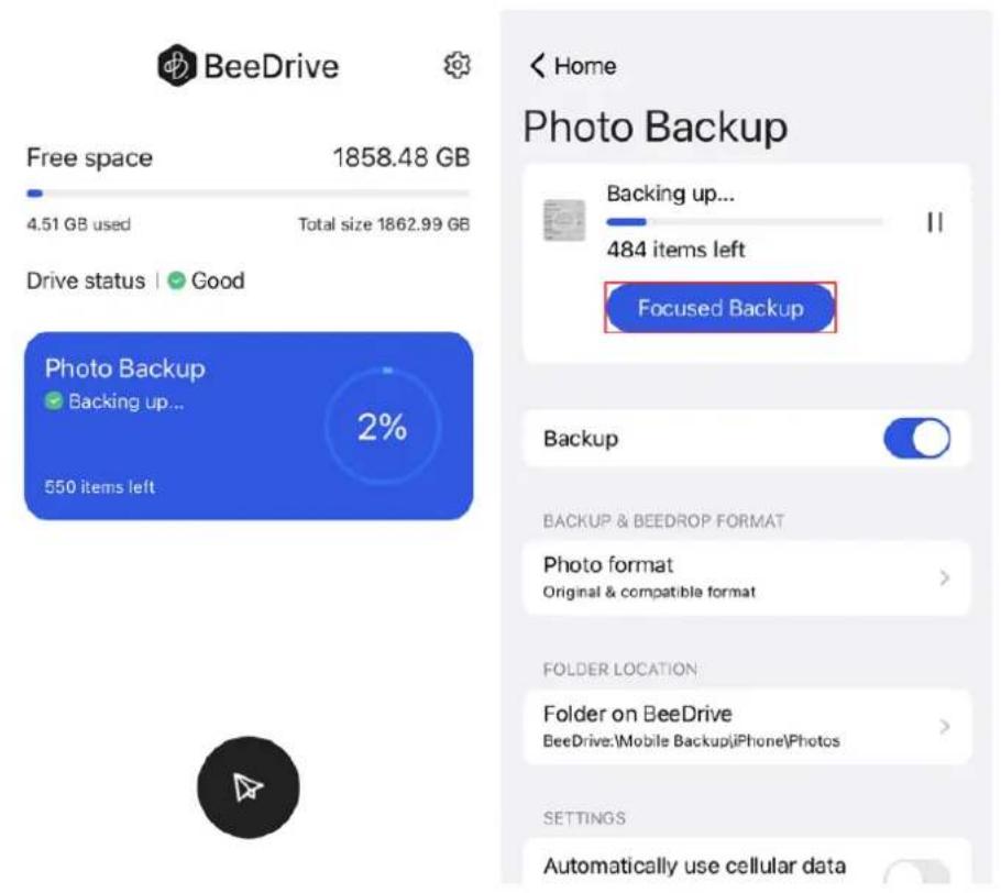 BeeDrive Free space 1858.48 GB 4.51 GB used Total size 1862.99 GB Drive status | Good Photo Backup Backing up... 550 items left 2% < Home Photo Backup Backing up... 484 items left Focused Backup Backup BACKUP & BEEDROP FORMAT Photo format Original & compatible format > FOLDER LOCATION Folder on BeeD…