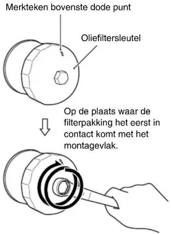 Merkteken bovenste dode punt Oliefiltersleutel Op de plaats waar de filterpakking het eerst in contact komt met het montagevlak.