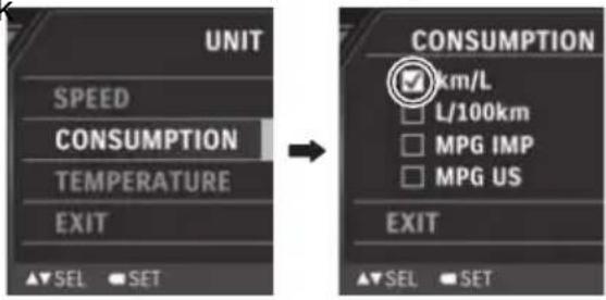 UNIT SPEED CONSUMPTION TEMPERATURE EXIT ▲▼SEL ●SET CONSUMPTION km/L L/100km MPG IMP MPG US EXIT ▲▼SEL ●SET