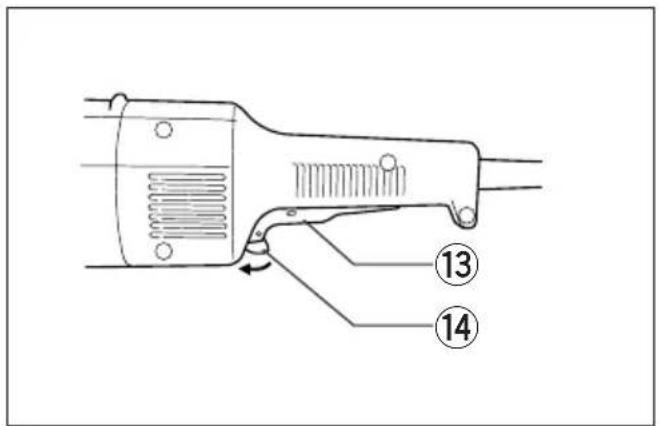 Technical diagram of a tool with numbered parts labeled 13 and 14, showing a handle and internal structure.