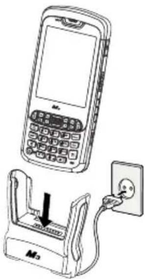 Line drawing of a mobile phone with a separate charging device connected to an electrical outlet (no text or symbols present)