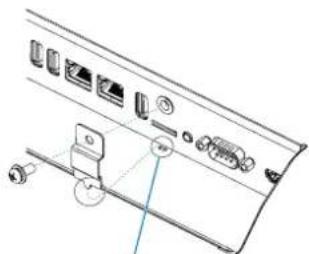 Diagram of a device rear panel with labeled ports and a cable connector, showing port numbers and connection points.