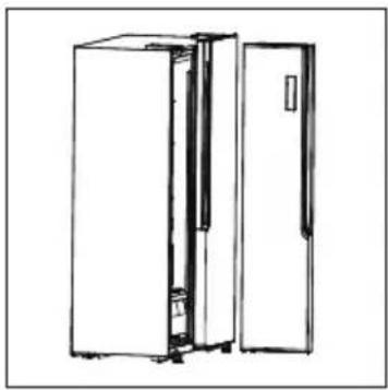 Line drawing of a refrigerator with open door and side panel (no text or symbols)