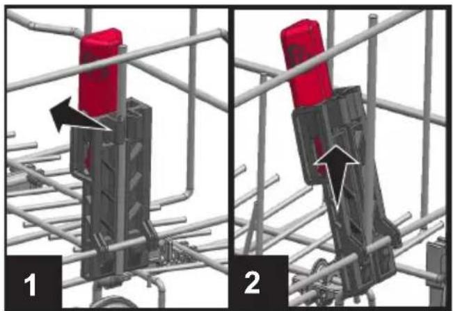 Tweepanelendiagram met een rood onderdeel gemonteerd op een metalen steigerconstructie, met pijlen die de richting aangeven (geen tekst of symbolen aanwezig)