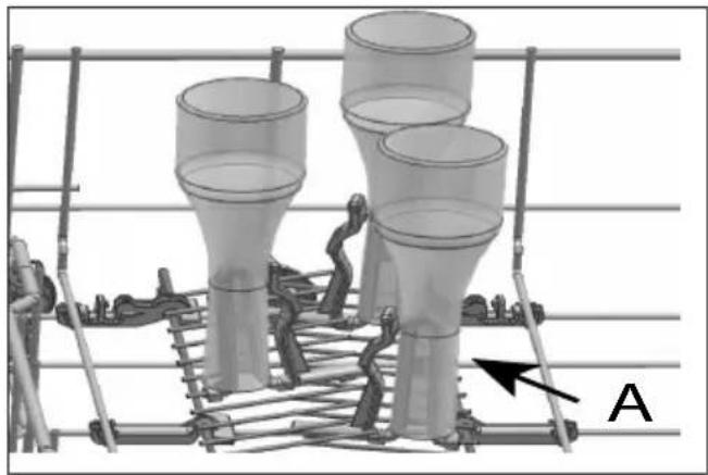 Technisch diagram van een mechanische samenstelling met drie cilindrische componenten gemonteerd op een metalen frame, gelabeld 'A' met een pijl naar een component (geen tekst of symbolen behalve label)