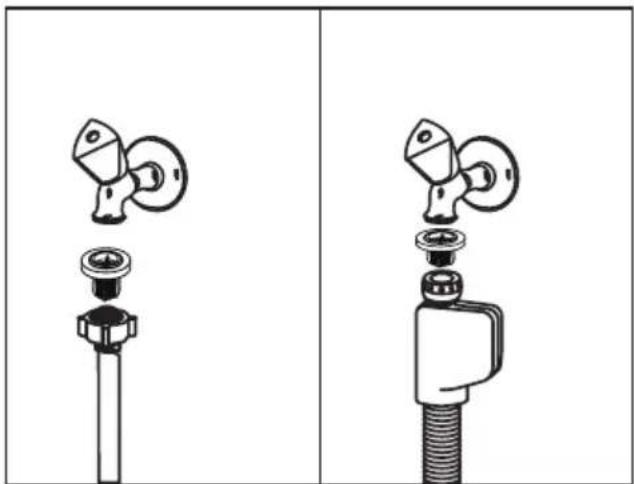 Technische illustratie van een mechanische assemblage met twee aanzichten (links en rechts) met onderdelen zoals een bout, moer en klep (geen tekst of symbolen)