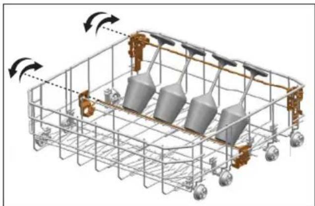 3D-diagram van een mechanische samenstelling met vier cilindrische componenten en draaiende armen, geen tekst of symbolen aanwezig